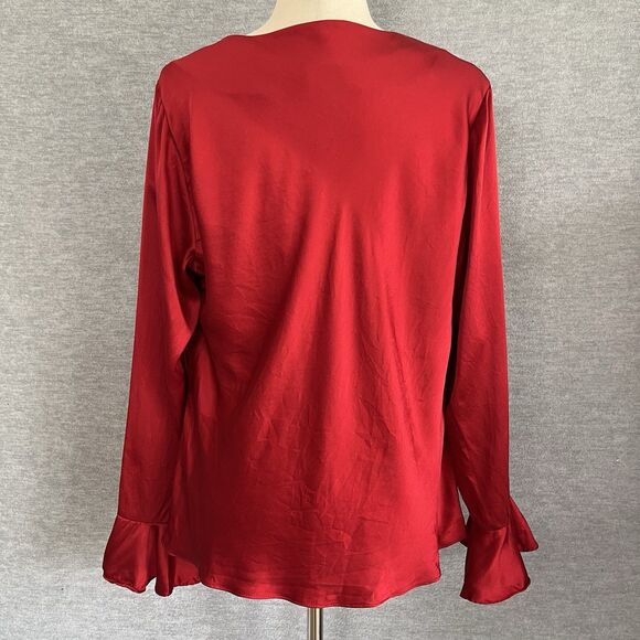 Harris Wallace Red Silk Top Size L Cowl Neck Flared Ruffled Sleeves Witchy Vamp - Picture 4 of 13